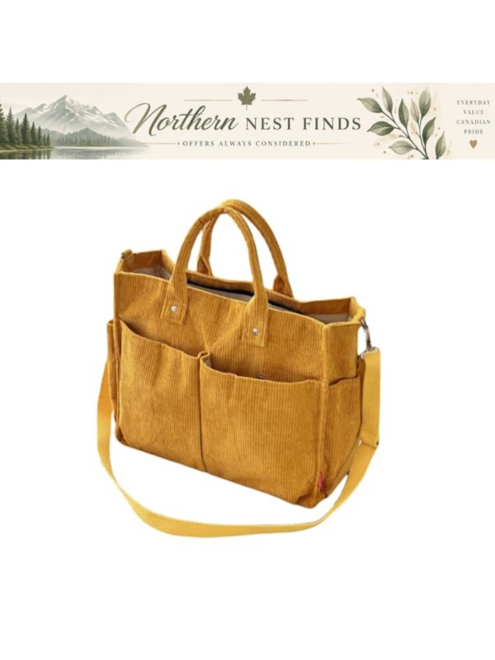 Corduroy Tote Bag Multiple Pockets Casual Shoulder Handbag Travel Tote